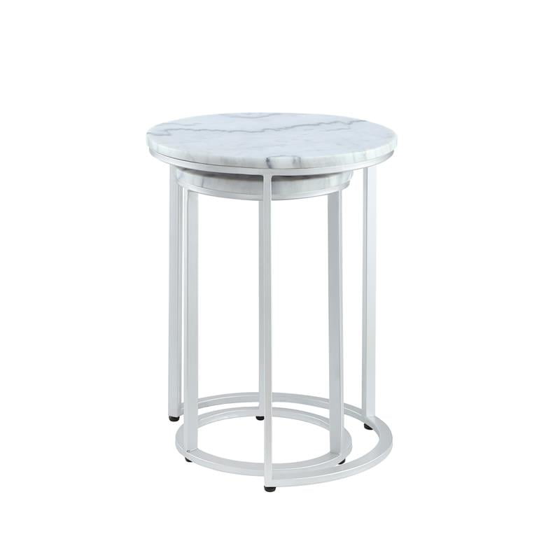 Posh Living Kero Round Marble Top Nesting End Table in Silver