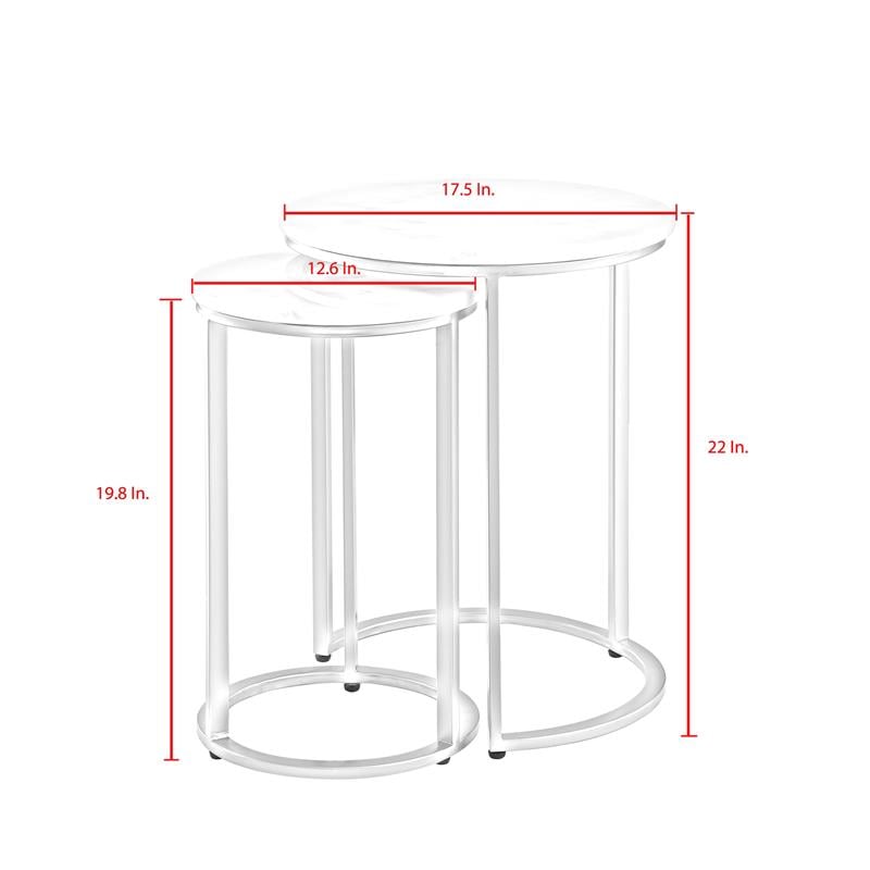 Posh Living Kero Round Marble Top Nesting End Table in Silver