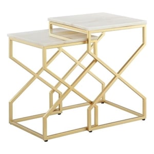 Posh Living Navarro Square Marble Top Nesting End Table in Gold
