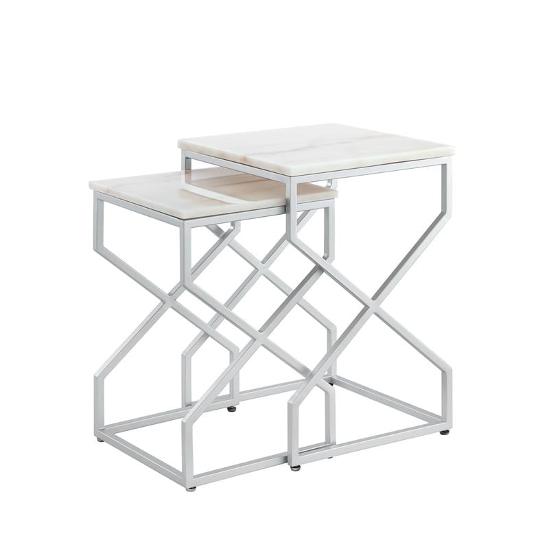Posh Living Navarro Square Marble Top Nesting End Table in Silver