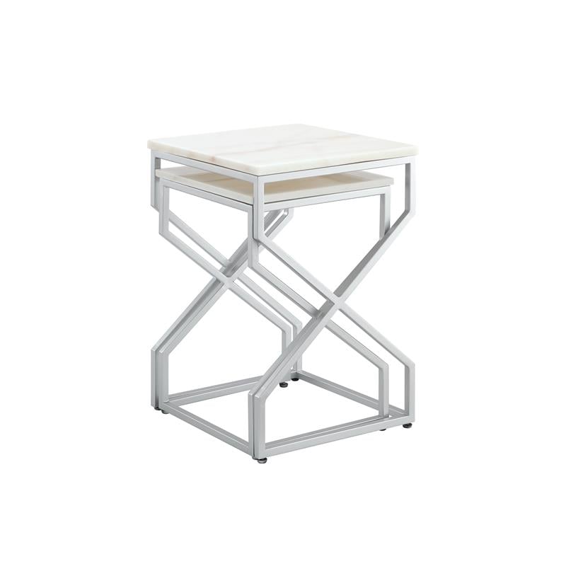 Posh Living Navarro Square Marble Top Nesting End Table in Silver