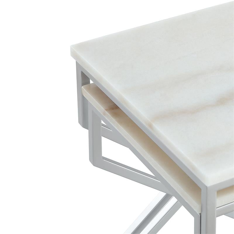 Posh Living Navarro Square Marble Top Nesting End Table in Silver