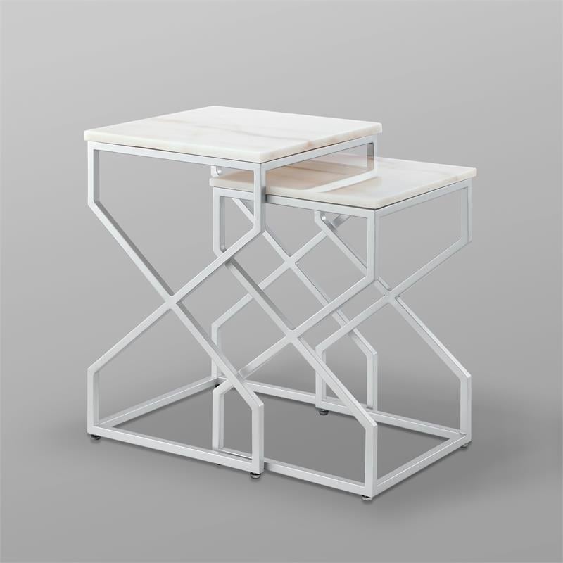 Posh Living Navarro Square Marble Top Nesting End Table in Silver