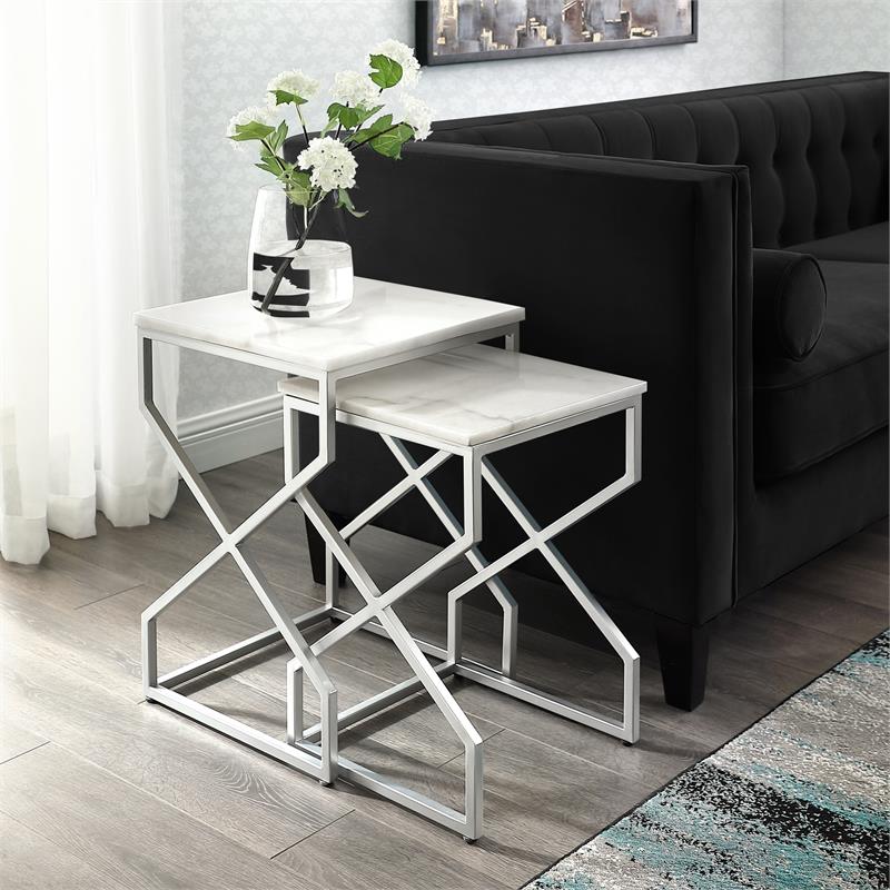 Posh Living Navarro Square Marble Top Nesting End Table in Silver