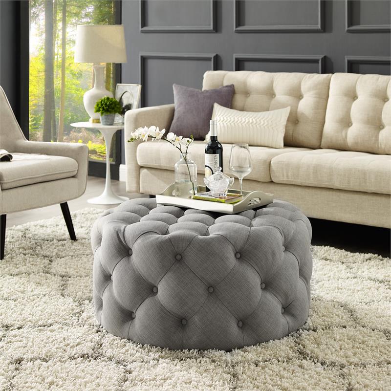 Posh Living Lilou Modern Linen Fabric Cocktail Ottoman in Light Gray