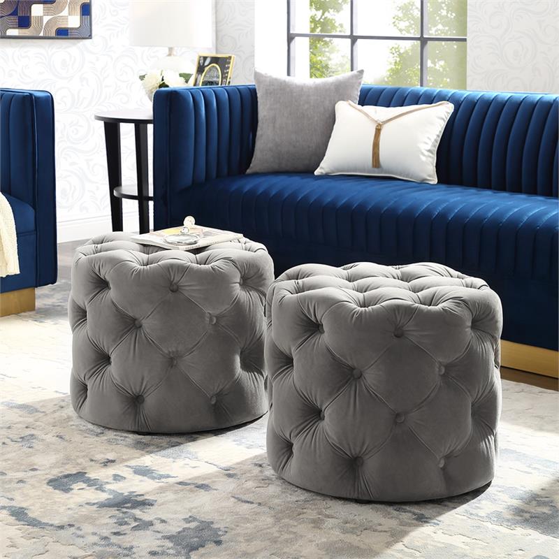 Posh Living Michalina Modern Velvet 1Pc Round Ottoman in Gray