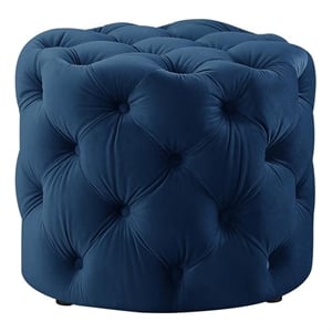 Posh Living Michalina Modern Velvet 1Pc Round Ottoman in Navy