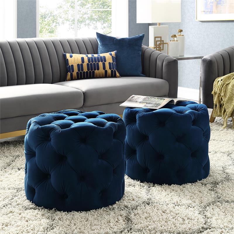 Posh Living Michalina Modern Velvet 1Pc Round Ottoman in Navy