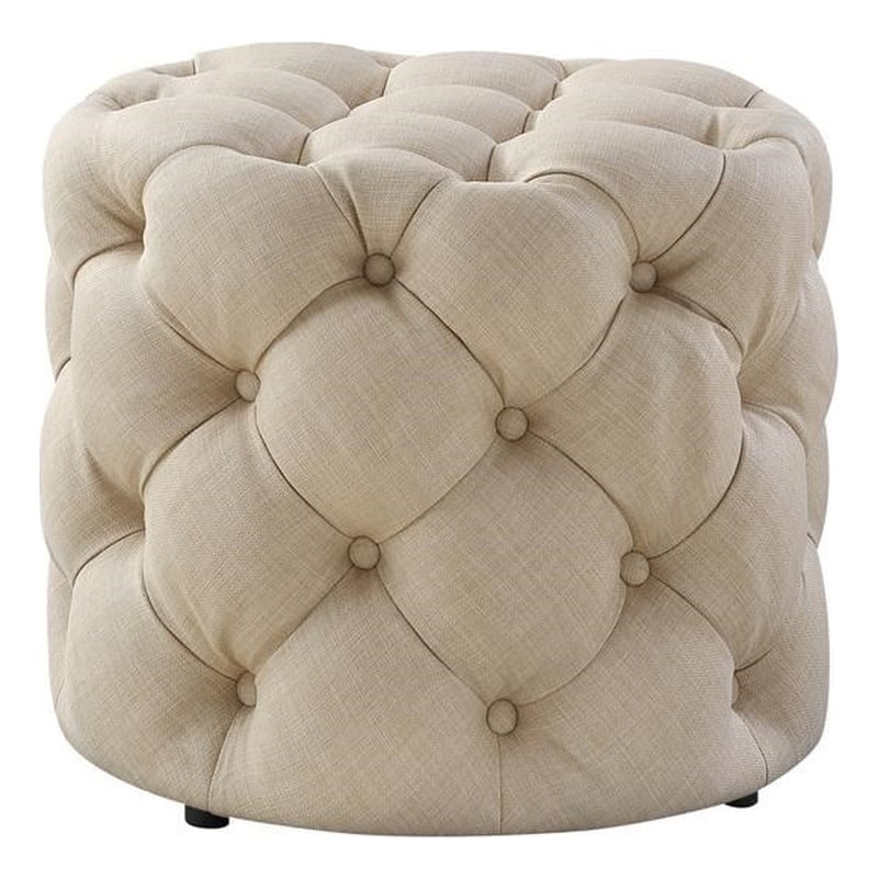 Posh Living Michalina Modern Linen Fabric 1Pc Round Ottoman in Beige