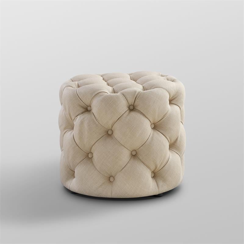 Posh Living Michalina Modern Linen Fabric 1Pc Round Ottoman in Beige
