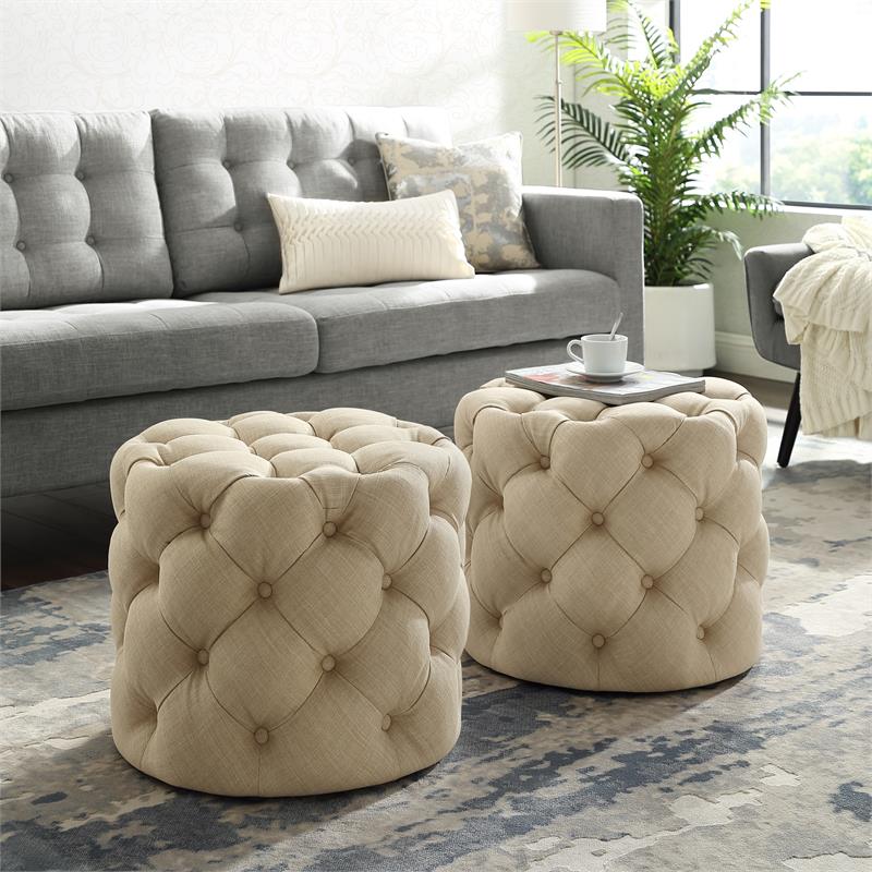 Posh Living Michalina Modern Linen Fabric 1Pc Round Ottoman in Beige