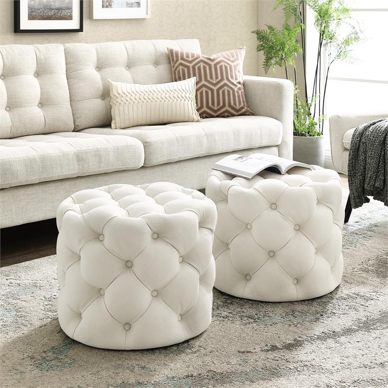 Posh Living Michalina Modern Linen Fabric 1Pc Round Ottoman in Cream/White