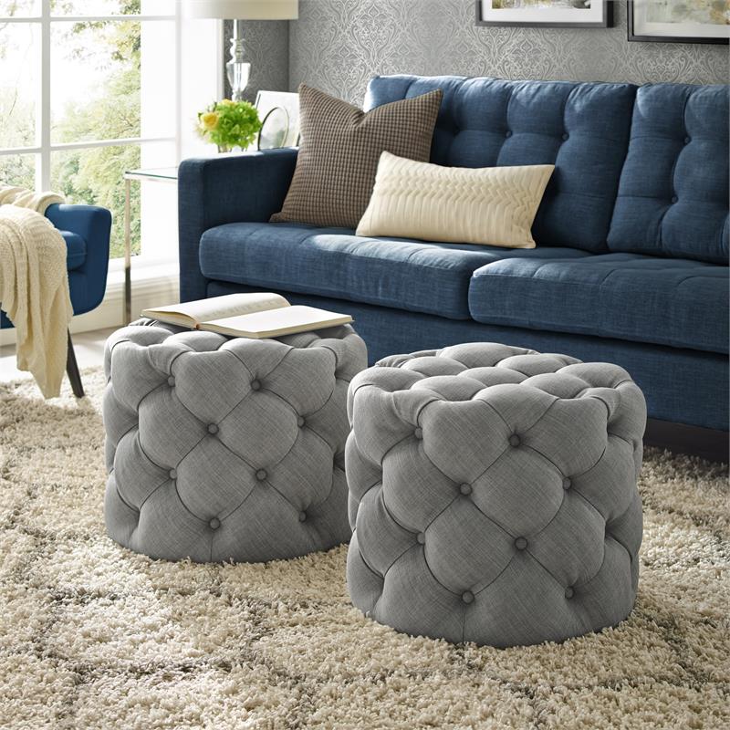 Posh Living Michalina Modern Linen Fabric 1Pc Round Ottoman in Light Gray
