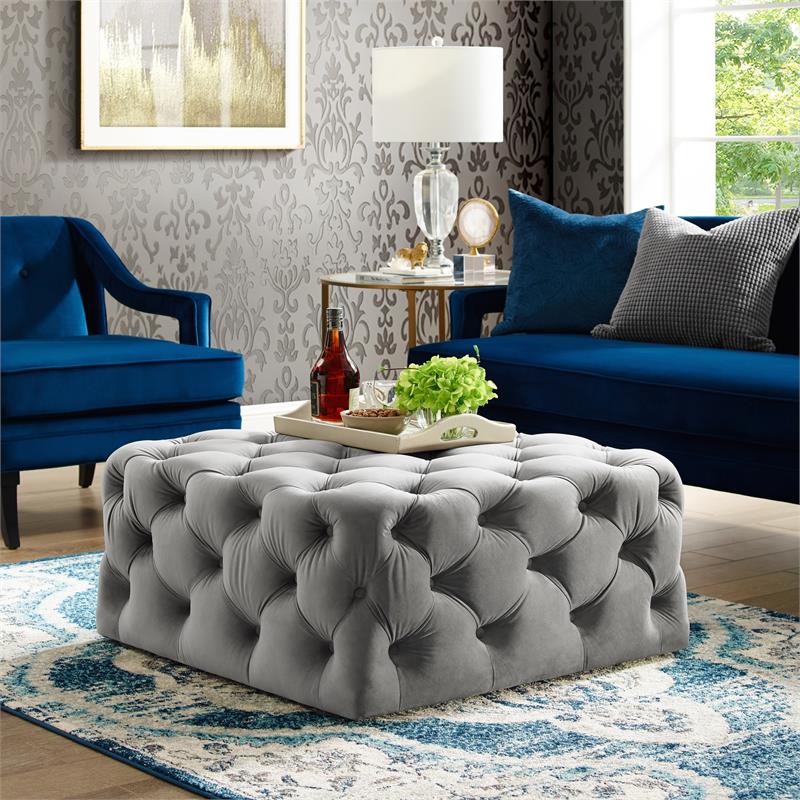 Posh Living Ramon Modern Velvet Cocktail Ottoman in Gray