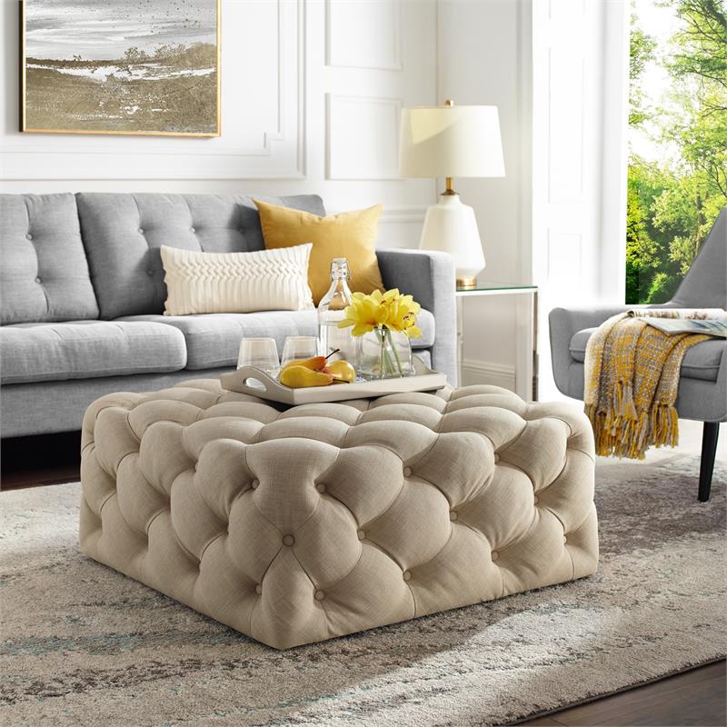 Posh Living Ramon Modern Linen Fabric Cocktail Ottoman in Beige