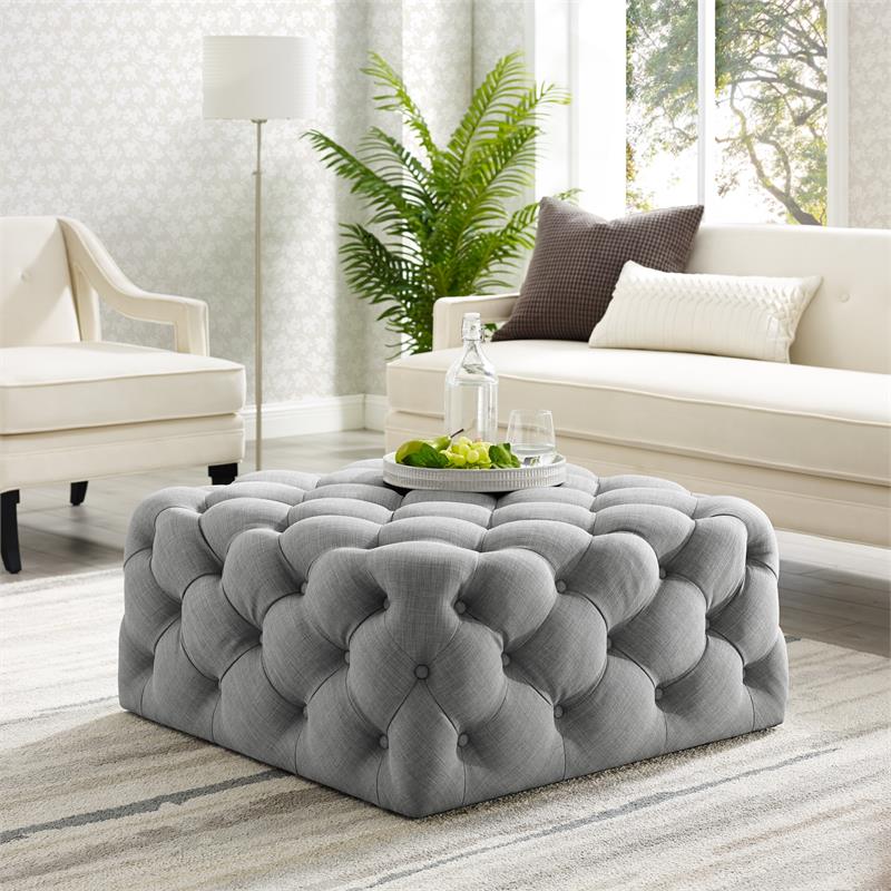 Posh Living Ramon Modern Linen Fabric Cocktail Ottoman in Light Gray