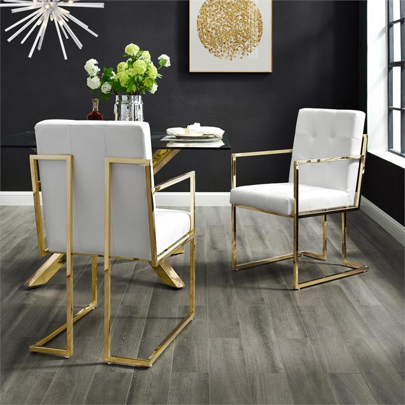 posh living evan tufted faux leather dining chair - white/gold (set of