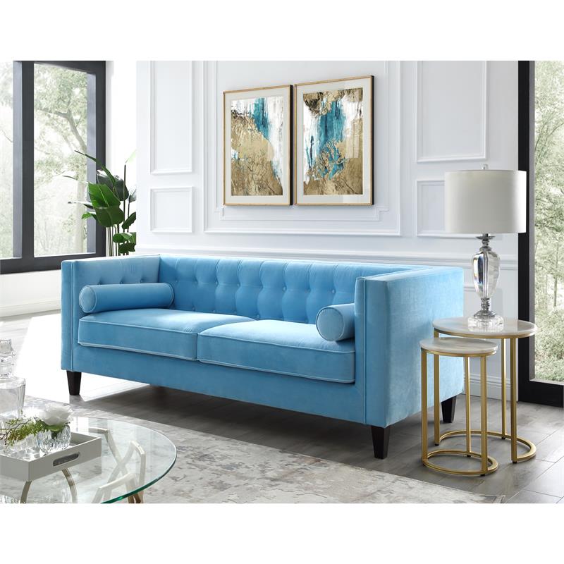 Posh Living Phoenix Button Tufted Velvet Sofa in Sky Blue
