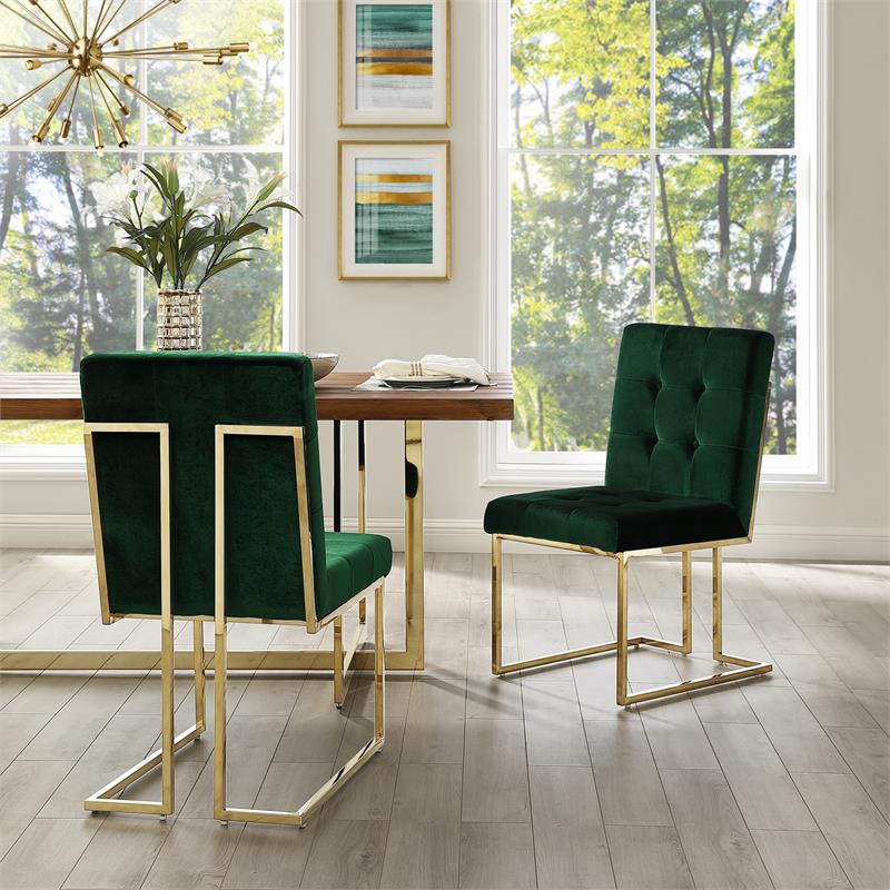 Posh Living Evan Velvet Dining Side Chair in Hunter Green/Gold (Set of 2)