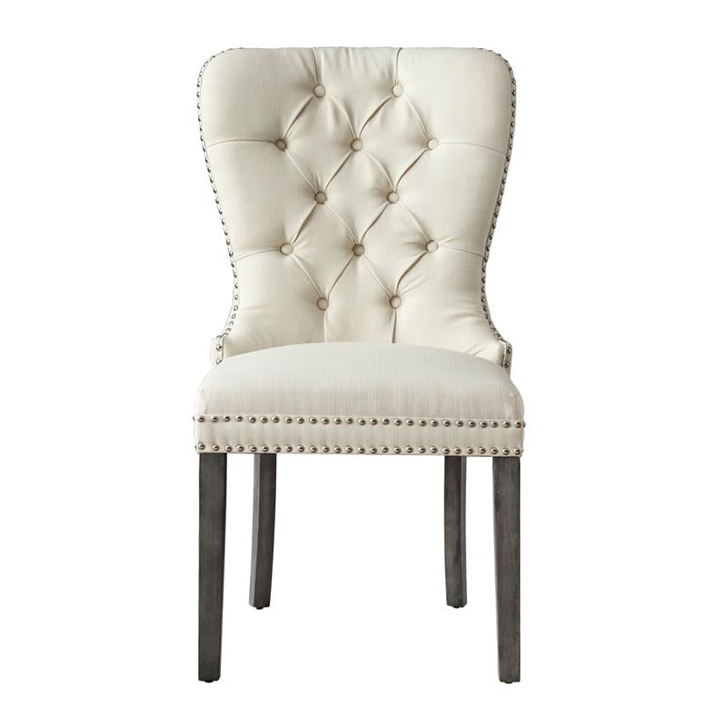 Posh Arthur Linen Fabric Dining Chair with Nailhead Trim Cream/White (Set of 2)