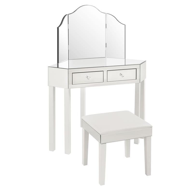 Posh Living Perry Mirrored 3-Piece Bedroom Vanity Set in White