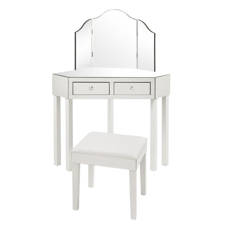 Posh Living Perry Mirrored 3-Piece Bedroom Vanity Set in White