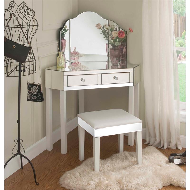 Posh Living Perry Mirrored 3-Piece Bedroom Vanity Set in White