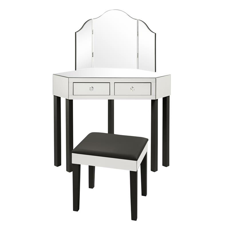 Posh Living Perry Mirrored 3-Piece Bedroom Vanity Set in Black