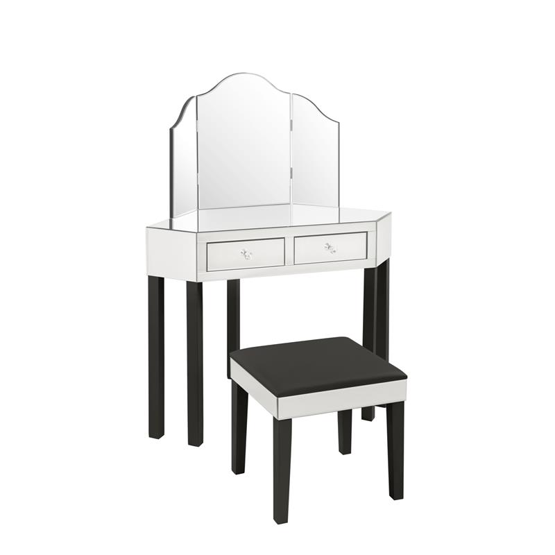 Posh Living Perry Mirrored 3-Piece Bedroom Vanity Set in Black