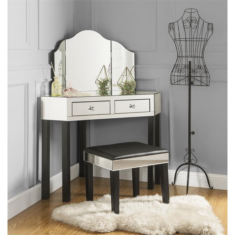 Posh Living Perry Mirrored 3-Piece Bedroom Vanity Set in Black