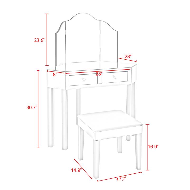 Posh Living Perry Mirrored 3-Piece Bedroom Vanity Set in Gray