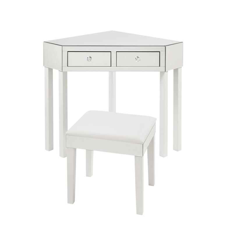 Posh Living Perry Mirrored Corner Bedroom Vanity with Stool in White