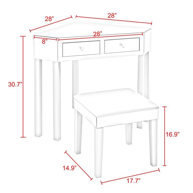 Posh Living Perry Mirrored Corner Bedroom Vanity with Stool in Black