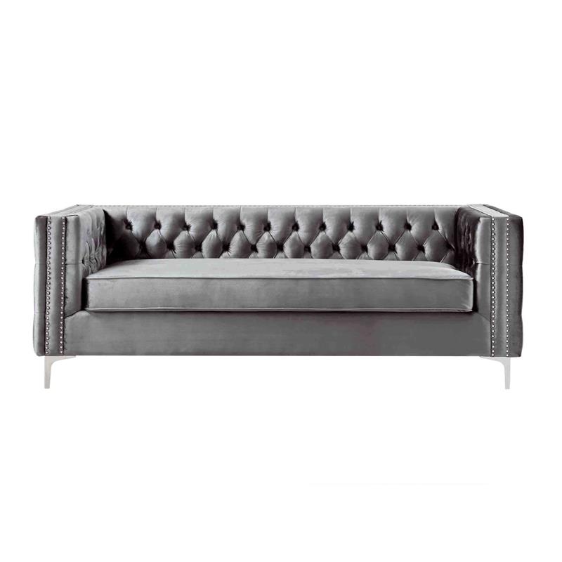 Posh Living Levi Tufted Velvet 3-Seat Sofa with Nailhead Trim in Gray