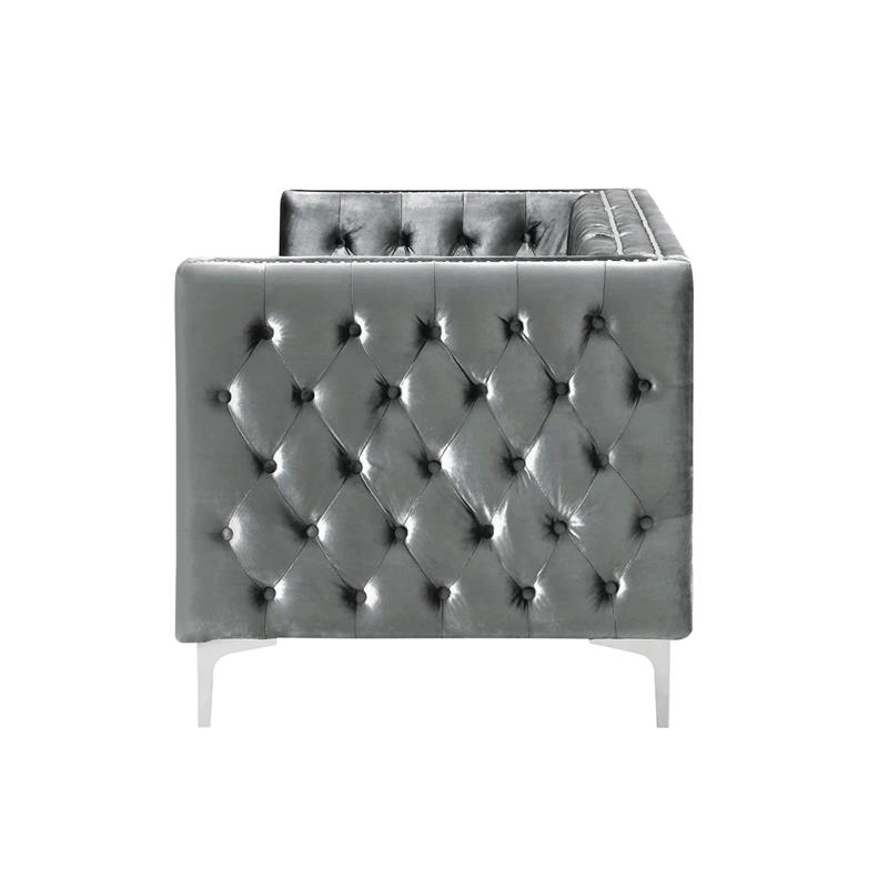 Posh Living Levi Tufted Velvet 3-Seat Sofa with Nailhead Trim in Gray