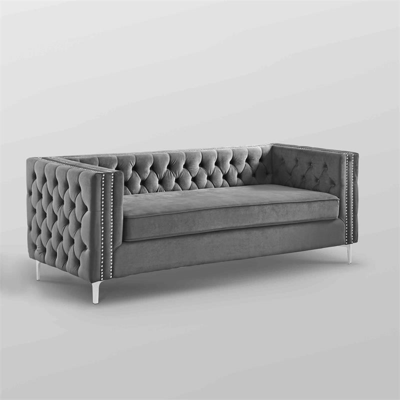 Posh Living Levi Tufted Velvet 3-Seat Sofa with Nailhead Trim in Gray