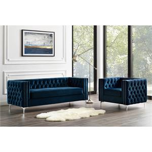 Posh Living Levi Tufted Velvet 3-Seat Sofa with Nailhead Trim in Navy Blue