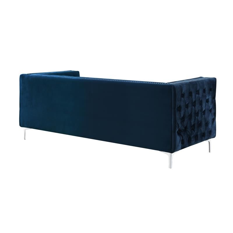 Posh Living Levi Tufted Velvet 3-Seat Sofa with Nailhead Trim in Navy Blue