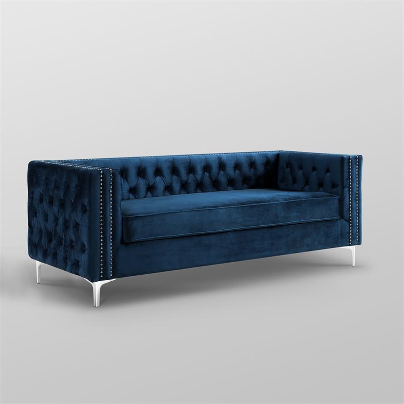 Posh Living Levi Tufted Velvet 3-Seat Sofa with Nailhead Trim in Navy Blue