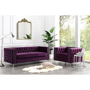 Posh Living Levi Tufted Velvet 3-Seat Sofa with Nailhead Trim in Purple