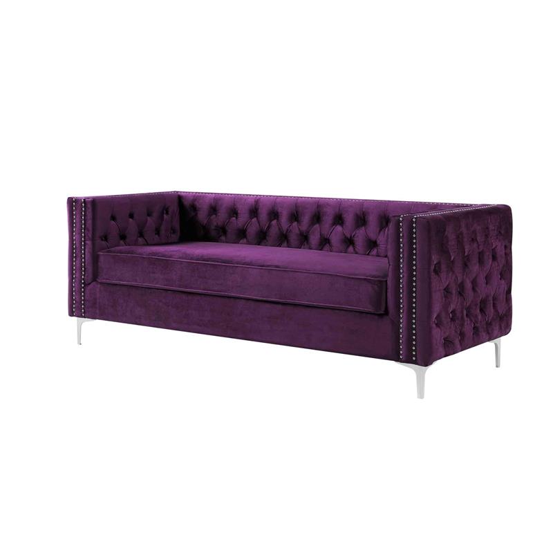 Posh Living Levi Tufted Velvet 3-Seat Sofa with Nailhead Trim in Purple