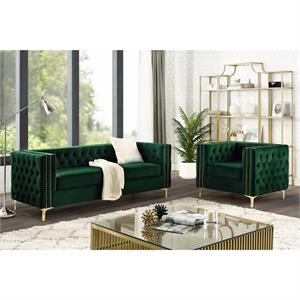 Posh Living Levi Tufted Velvet 3-Seat Sofa with Nailhead Trim in Hunter Green