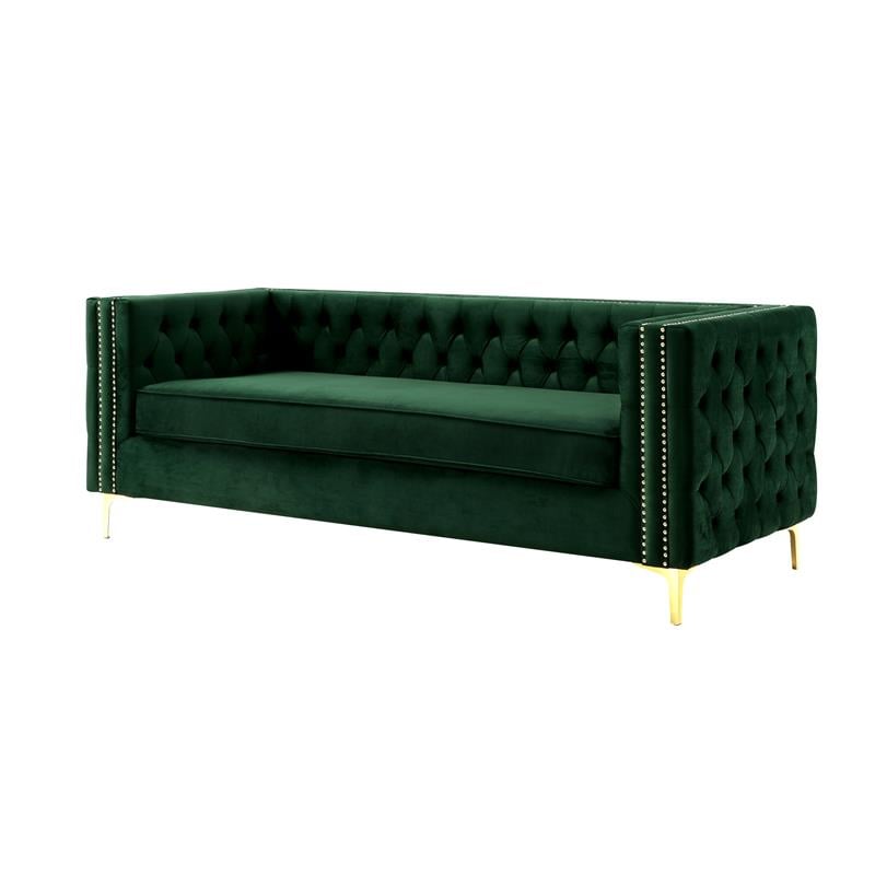 Posh Living Levi Tufted Velvet 3-Seat Sofa with Nailhead Trim in Hunter Green