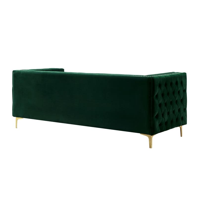 Posh Living Levi Tufted Velvet 3-Seat Sofa with Nailhead Trim in Hunter Green