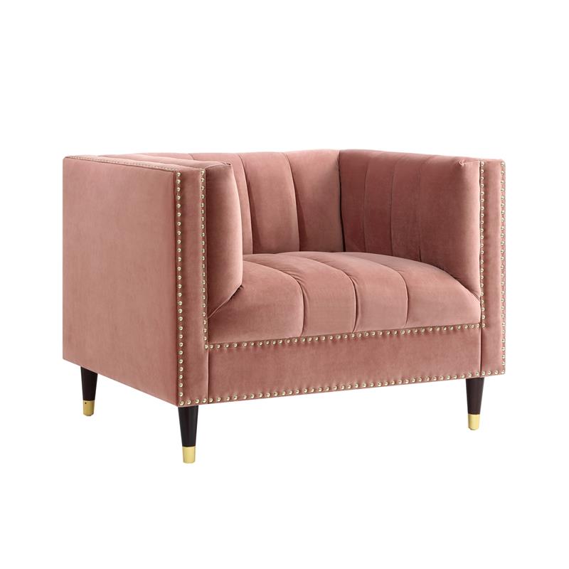 Posh Living Soraya Velvet Accent Chair with Nailhead Trim in Blush/Gold
