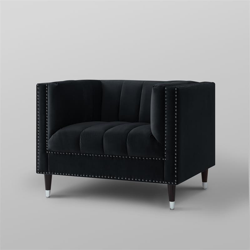 Posh Living Soraya Velvet Accent Chair with Nailhead Trim in Black/Chrome