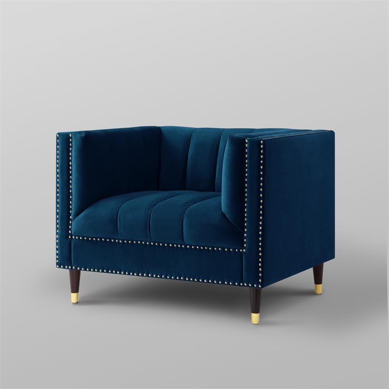 Posh Living Soraya Velvet Accent Chair with Nailhead Trim in Navy/Gold