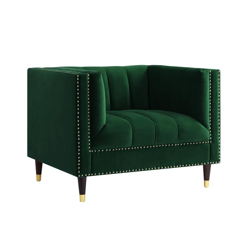Posh Living Soraya Velvet Accent Chair with Nailhead Trim in Hunter Green/Gold