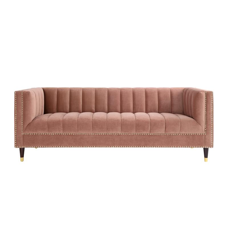 Posh Living Soraya Tufted Velvet Sofa with Nailhead Trim in Blush Pink/Gold