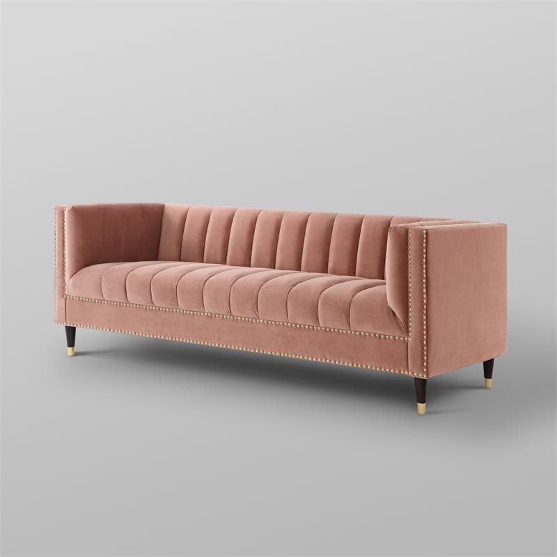 Posh Living Soraya Tufted Velvet Sofa with Nailhead Trim in Blush Pink/Gold